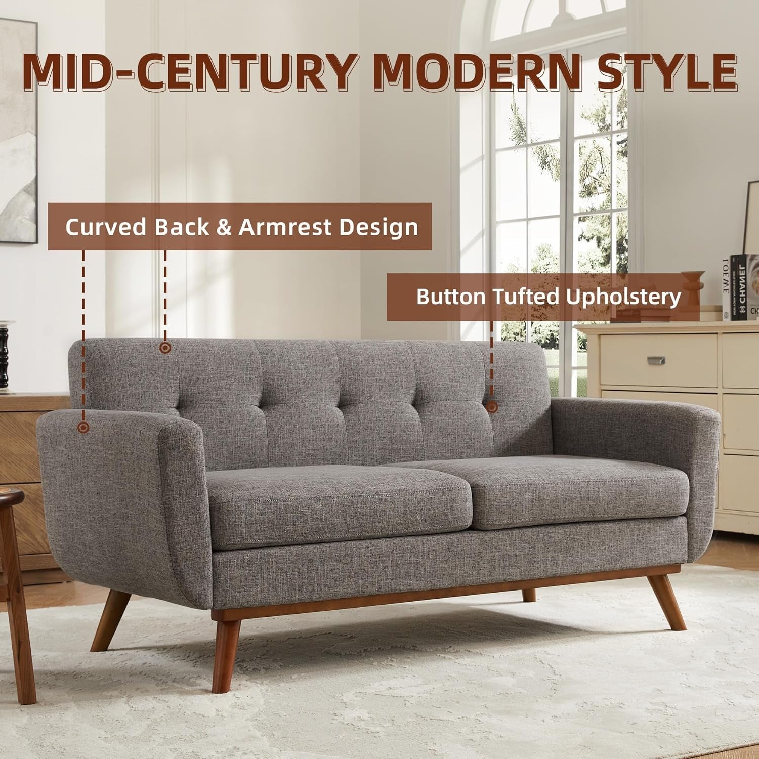 Grey Mid Century Modern Loveseat Sofa 65.3 Inch Living Room