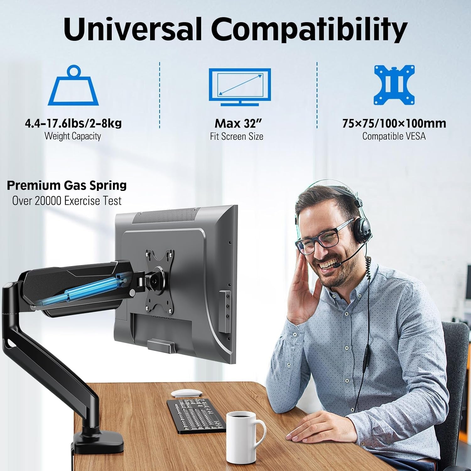 Single Monitor Desk Mount, Adjustable Gas Spring Monitor Arm Support