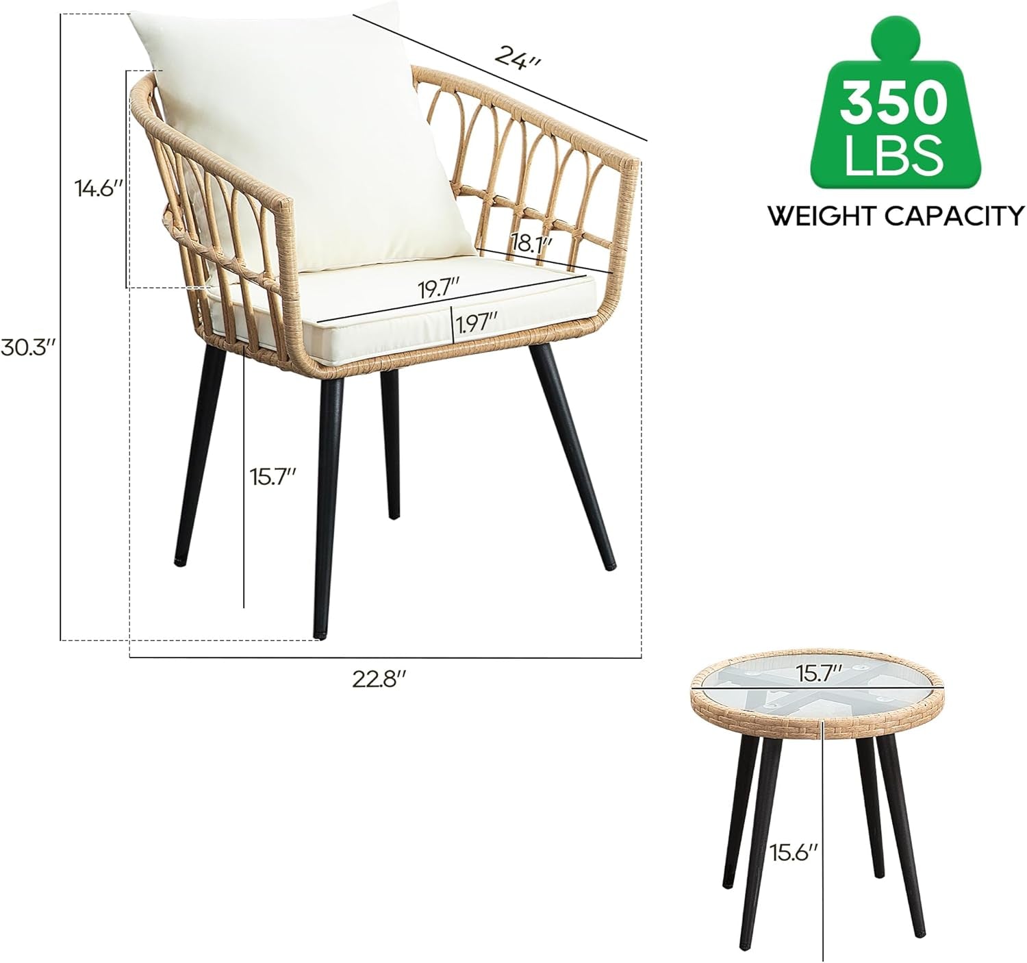 Three Piece Patio Bistro Set Outdoor Wicker Beige Rattan Table And