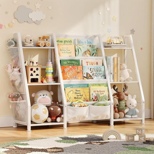 3 Tier Kids Bookshelf Toy Organizer In White Wood And Metal