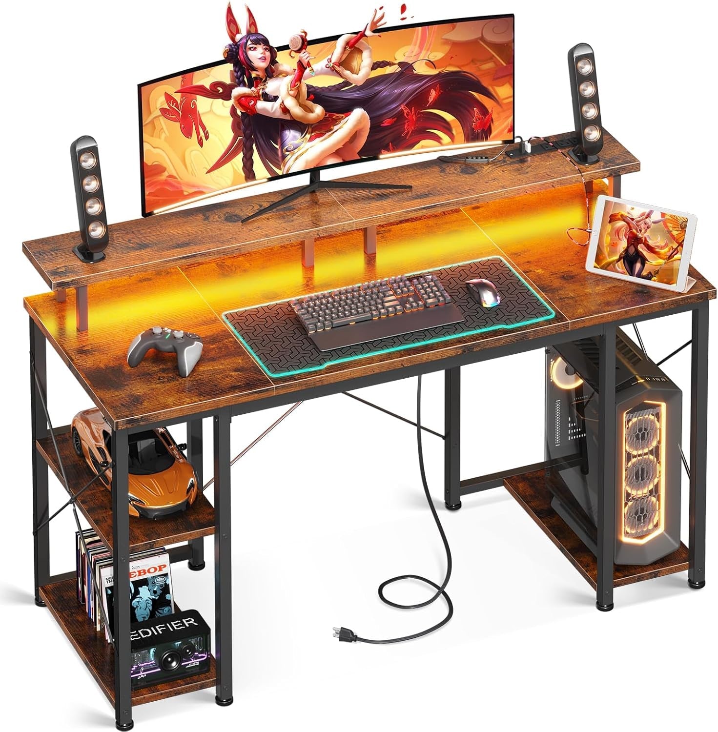 48 Inch Gaming Desk With Monitor Stand And LED Lighting