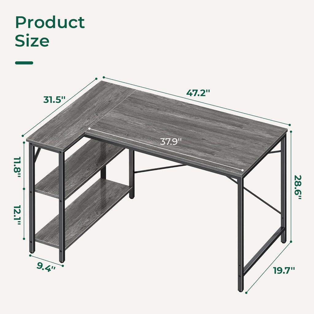 L Shaped Desk 47 Inch Gray With Reversible Shelves Metal Frame