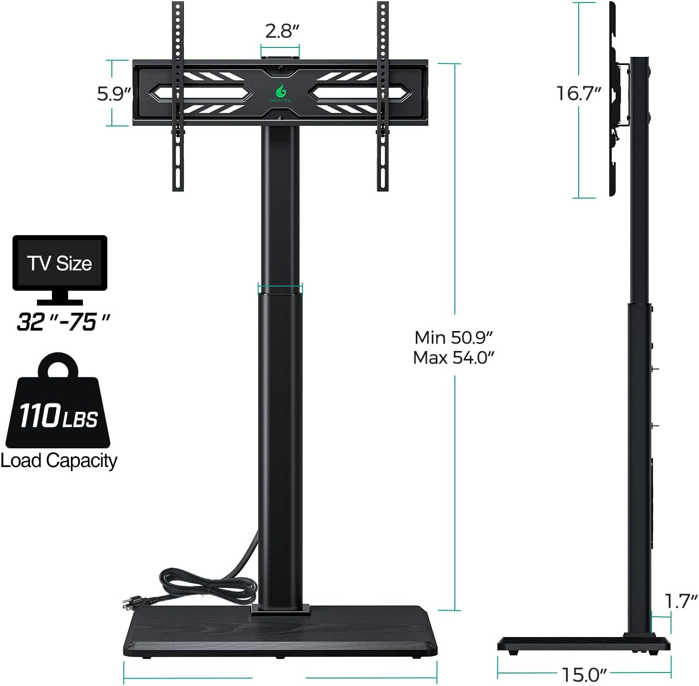 TV Stand with Power Outlet, Universal Floor TV Stand for 32-75 Inch