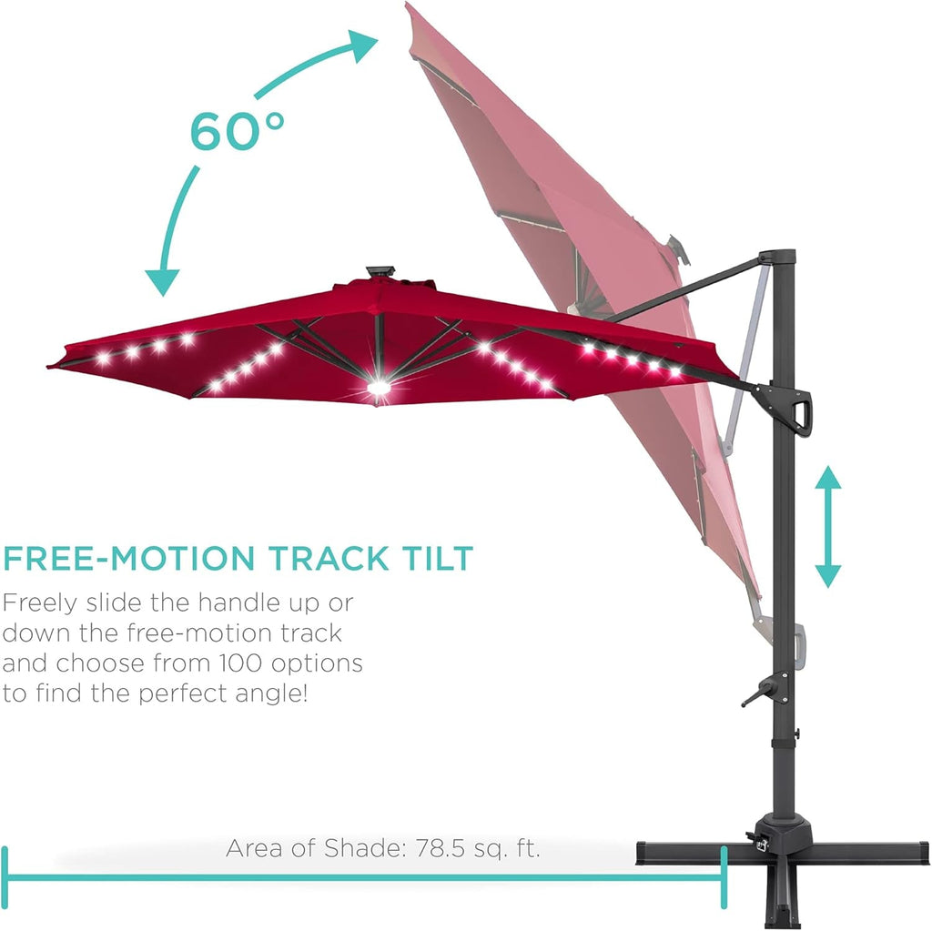 10Ft Solar LED Cantilever Patio Umbrella, 360-Degree Rotation Hanging