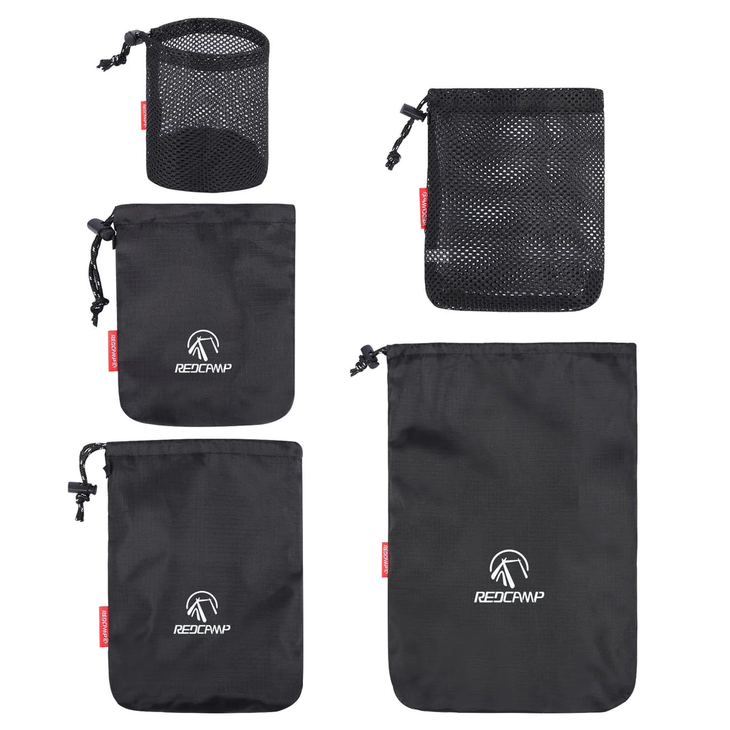 REDCAMP Stuff Sack Set of 5 Lightweight Mesh Nylon Drawstring Storage Bag Pouch for Travelling Hiking Black