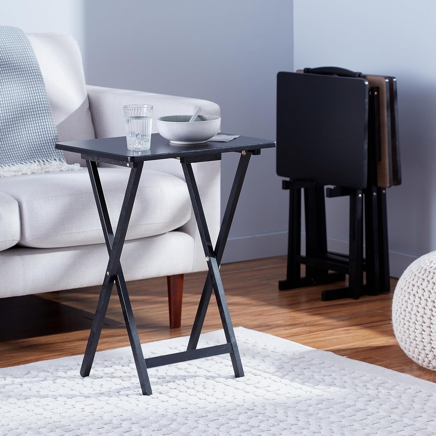 Foldable TV Dinner Tray Table with Storage Rack, Set of 4, Black, 15"