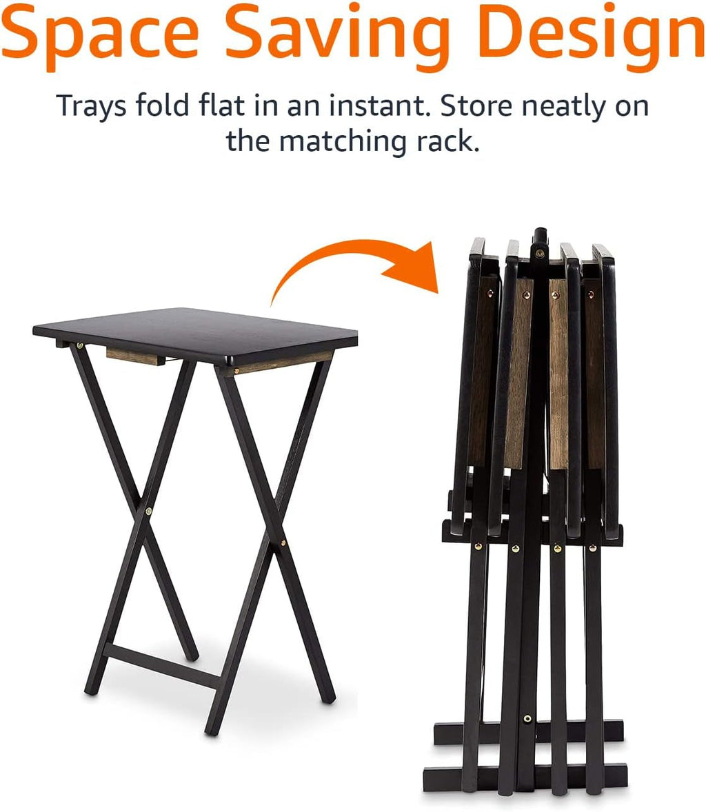 Foldable TV Dinner Tray Table with Storage Rack, Set of 4, Black, 15"