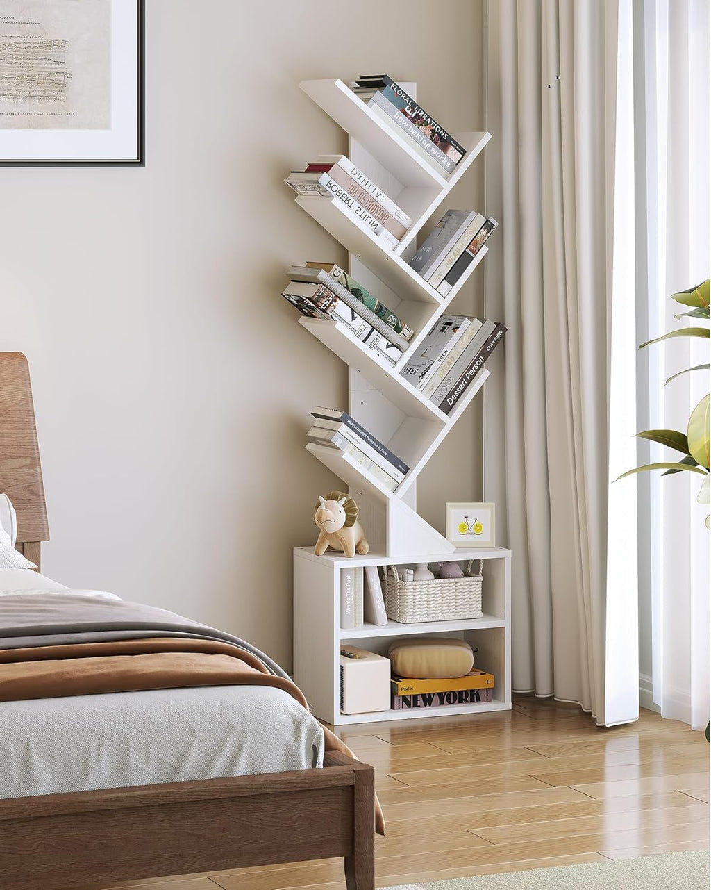 6 Tier Tree Bookshelf, Tall Bookcase with Storage Cabinet, Modern