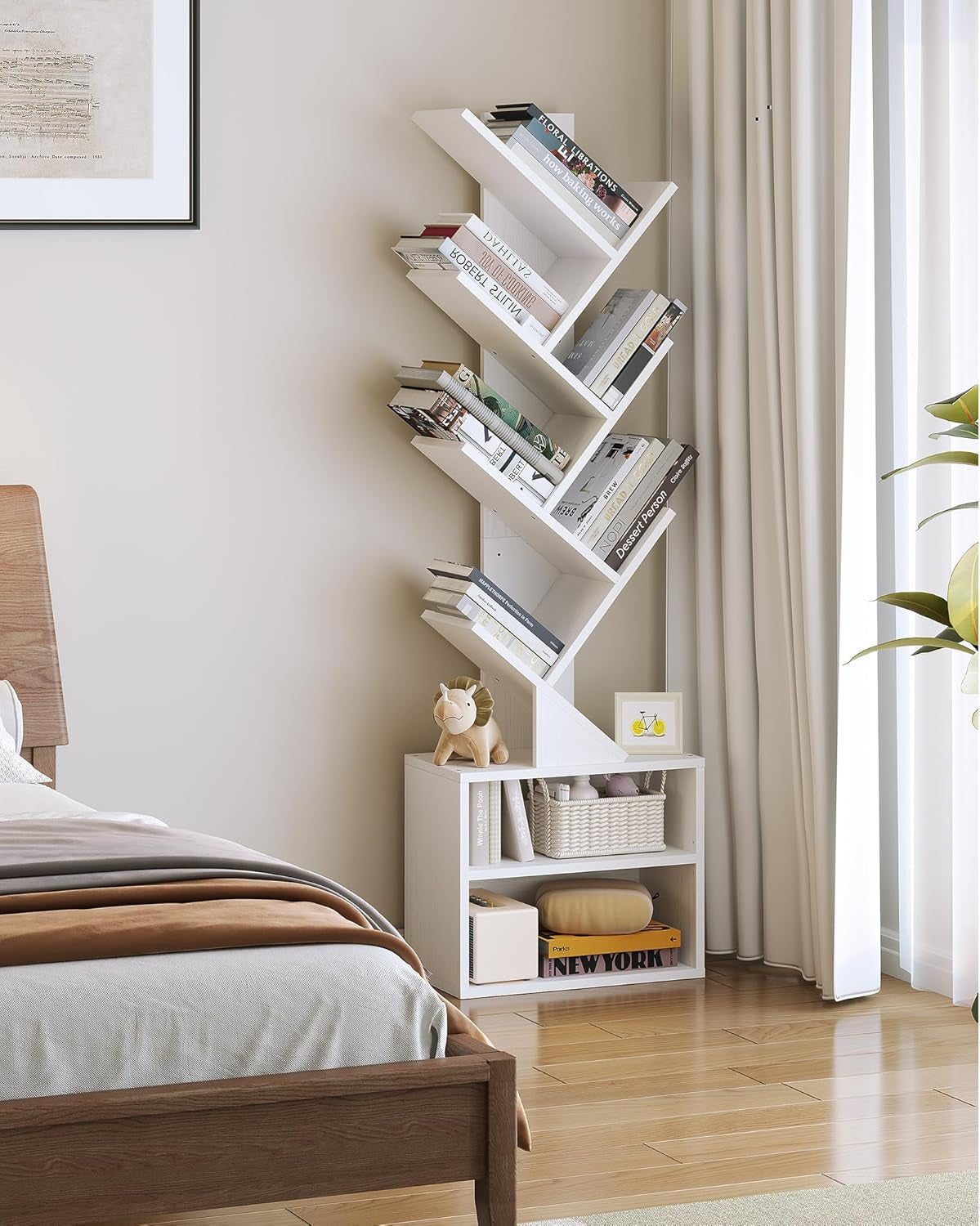6 Tier Tree Bookshelf, Tall Bookcase with Storage Cabinet, Modern