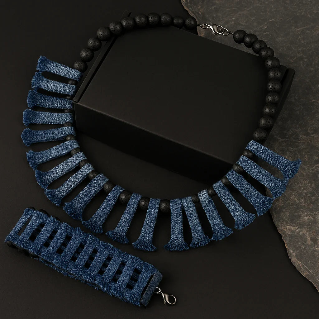 Handmade Denim Necklace and Bracelet set with Lava stone beads
