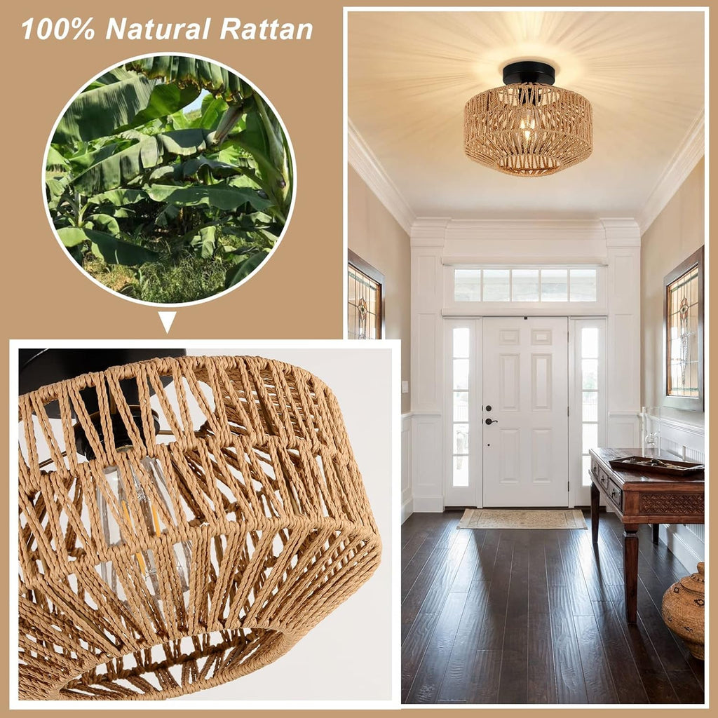 Mini Rattan Ceiling Light Fixture With Dimmable LED Bulb