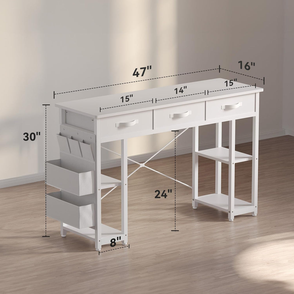 White Vanity Desk, Computer and Study Desk with Fabric Drawers & Side