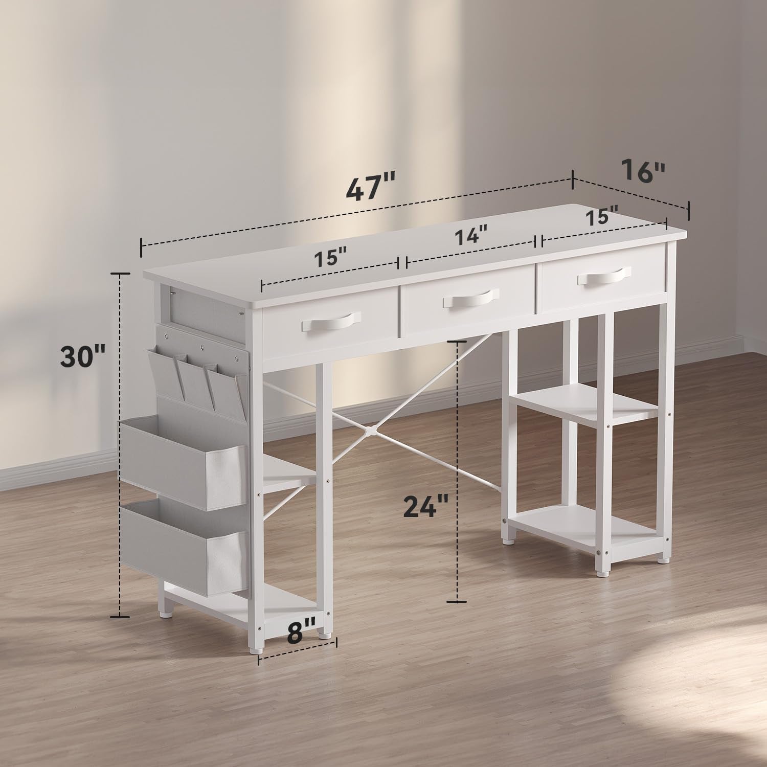 White Vanity Desk, Computer and Study Desk with Fabric Drawers & Side