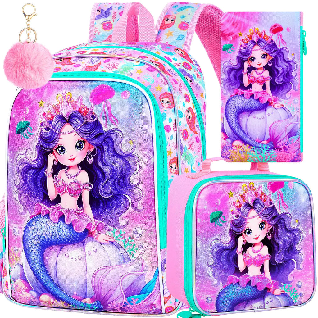 TXHVO 3Pcs Mermaid Backpack for Girls 16" Kids Bookbag with Lunch Box School Backpacks Set for Elementary Preschool Kindergarten(Pink)