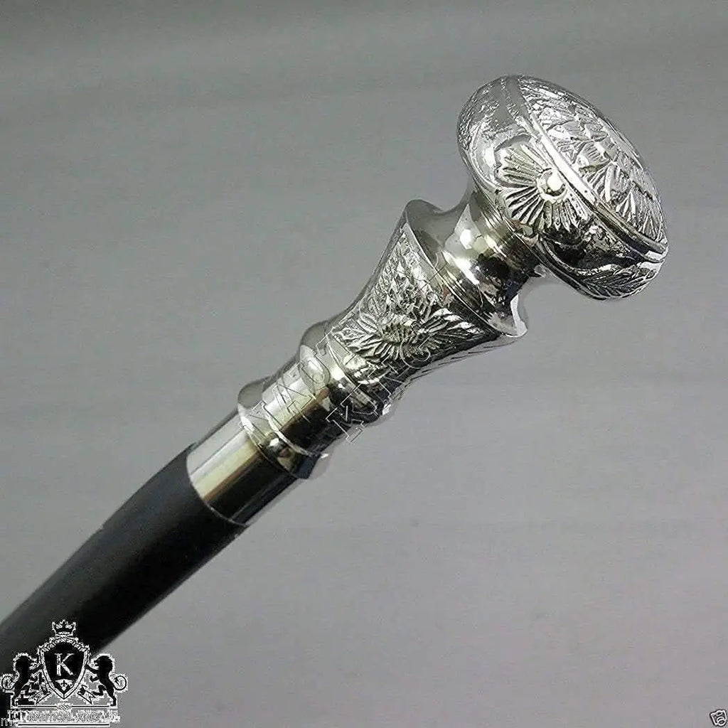 Vintage Walking Cane Wooden Walking Stick Silver Brass Handle knob Black Wood Stick - Victorian Cane - Fancy Cane for Men and Women- Dark Shadow Cane