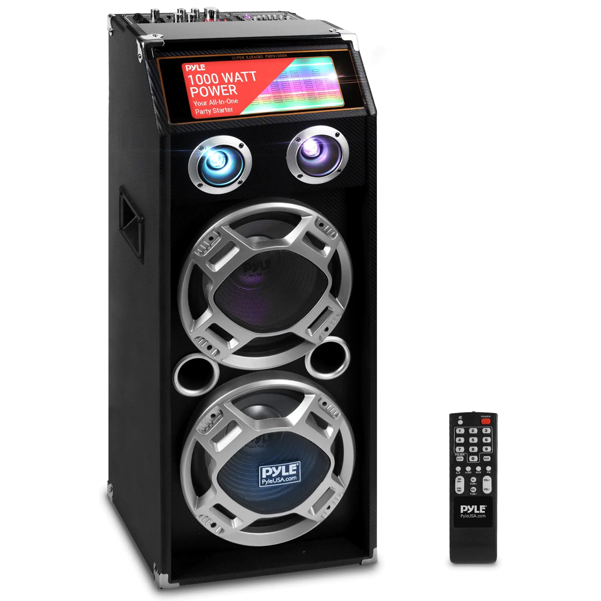 Pyle Wireless Active PA Speaker System - 1000W Portable High Powered Bluetooth Compatible Outdoor Sound Speaker w/ USB SD MP3 FM Radio AUX RCA LED DJ Lights - 35mm Stand Mount Remote