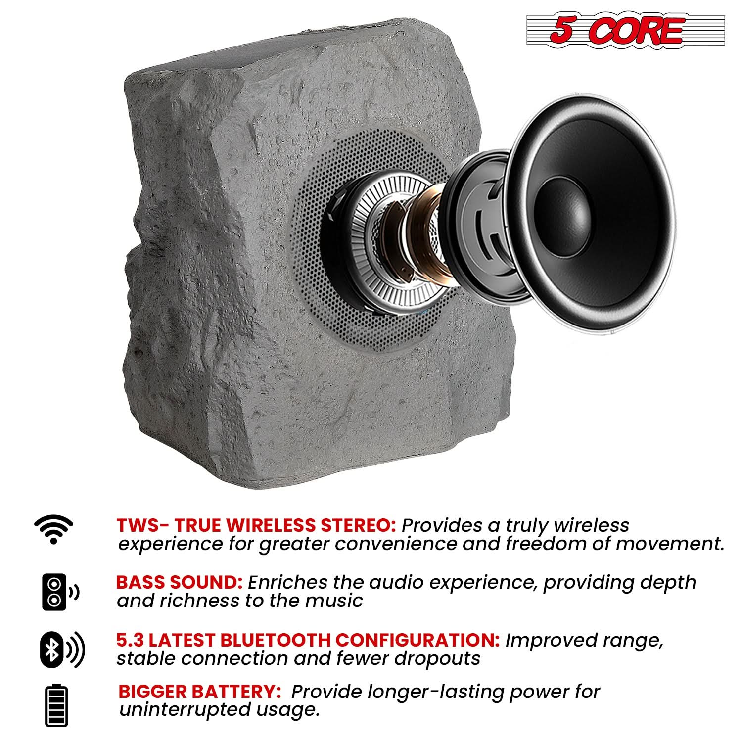 5Core Outdoor Wireless Speakers Bluetooth Rock Waterproof Linkable TWS