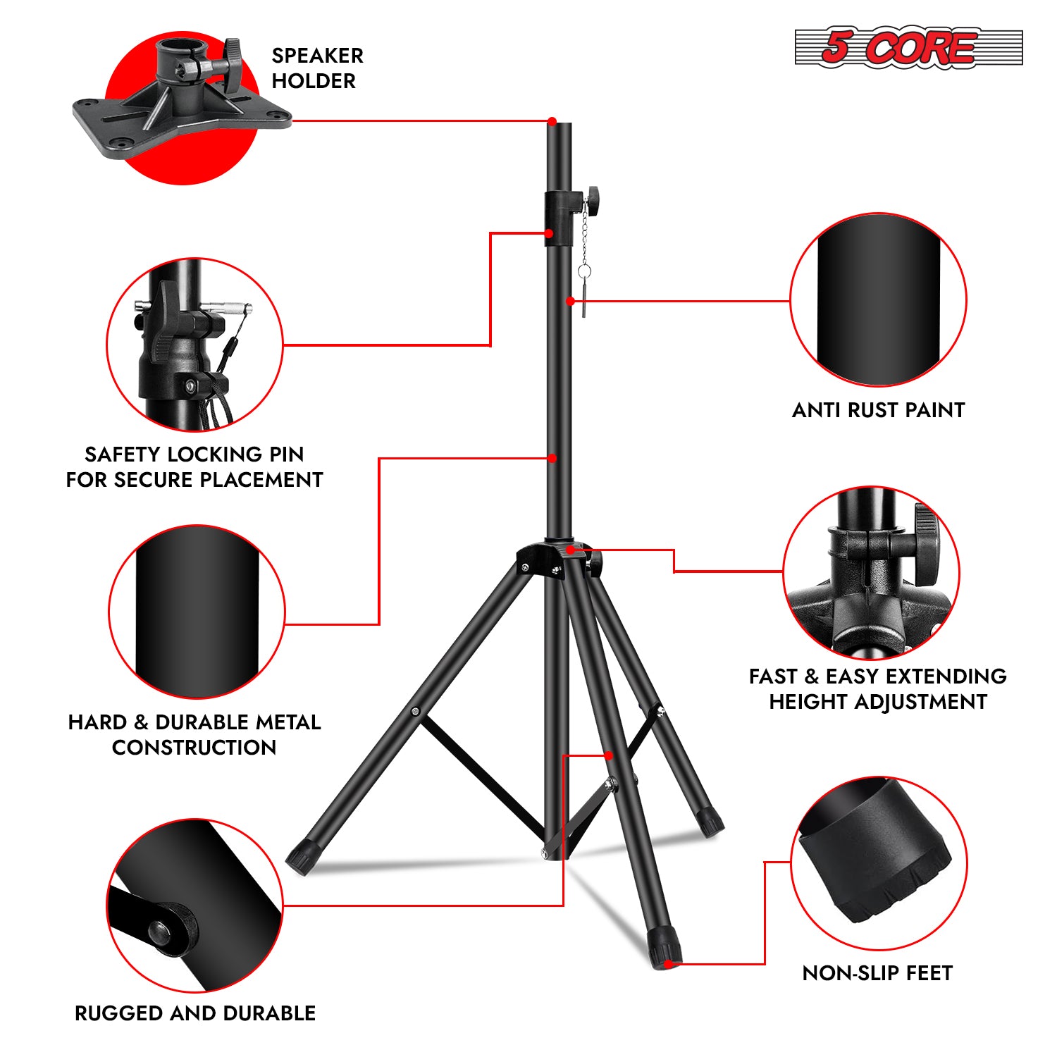 5 Core Speaker Stand Tripod Heavy Duty Adjustable Up to 72 Inch DJ