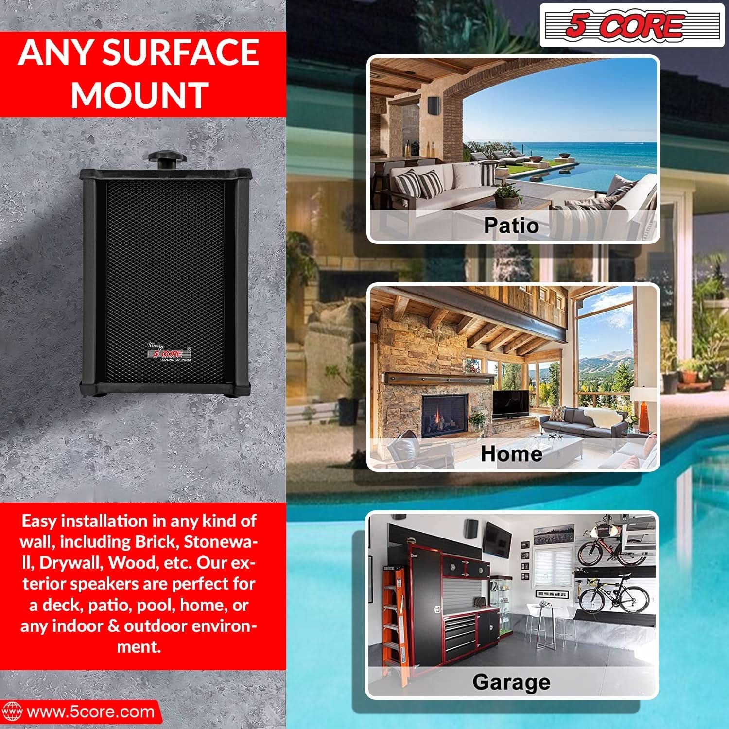 5Core Outdoor Speakers Stereo in Wall 100W Peak Passive Home Audio