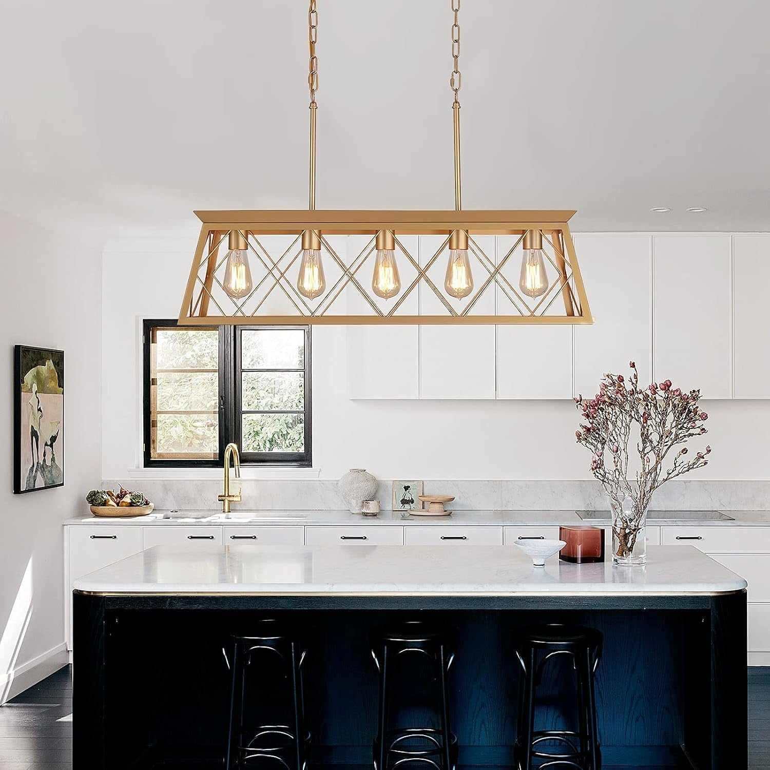 Gold 5 Light Farmhouse Chandelier Linear Ceiling Light