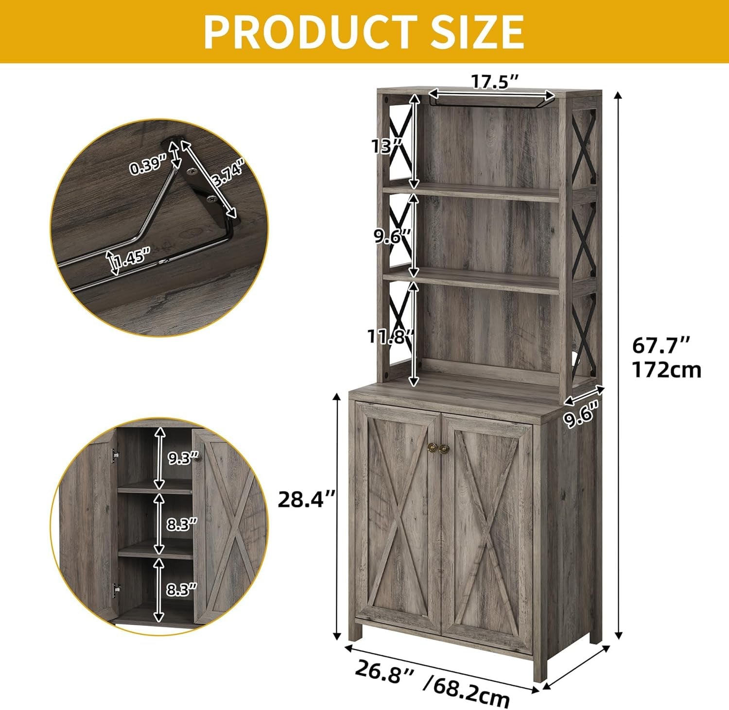 67" Farmhouse Wine Bar Cabinet Liquor Glasses Grey