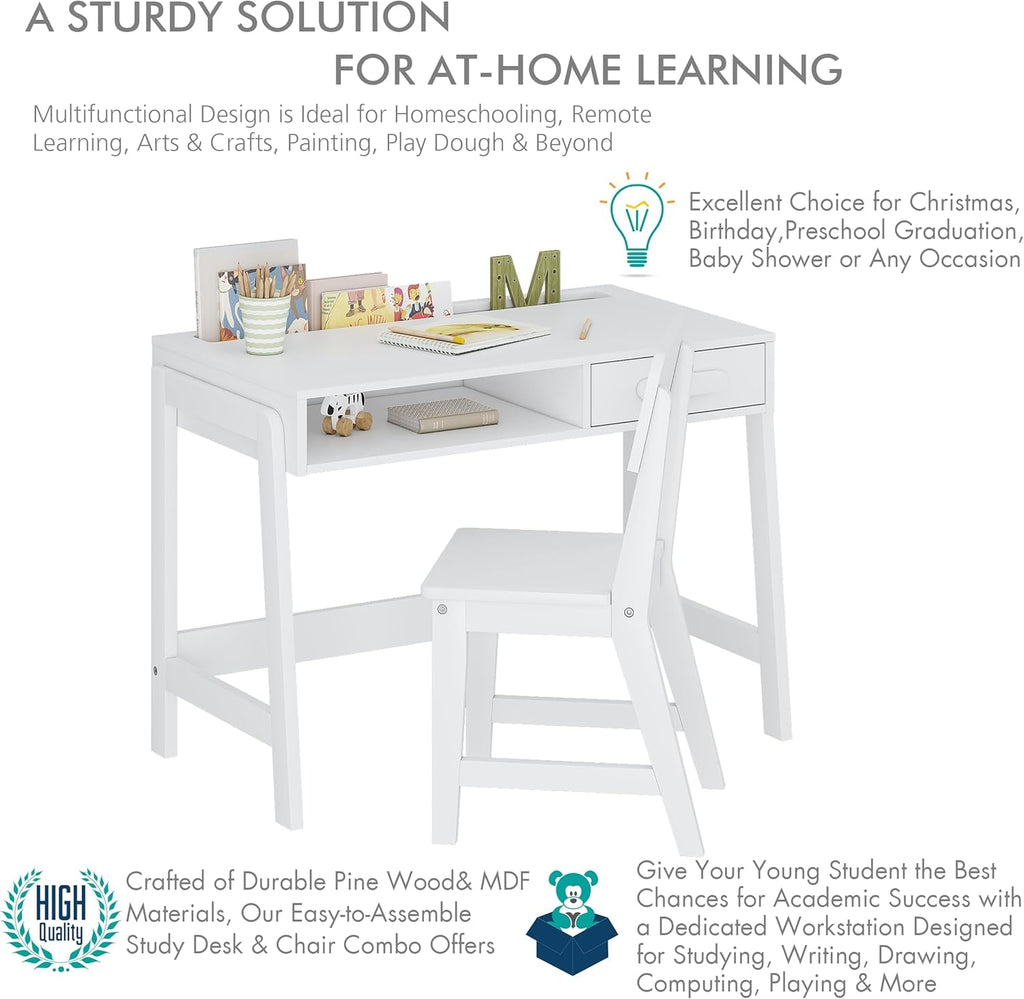 Kids Desk and Chair Set, Study Desk for Kids with Drawers, Wooden