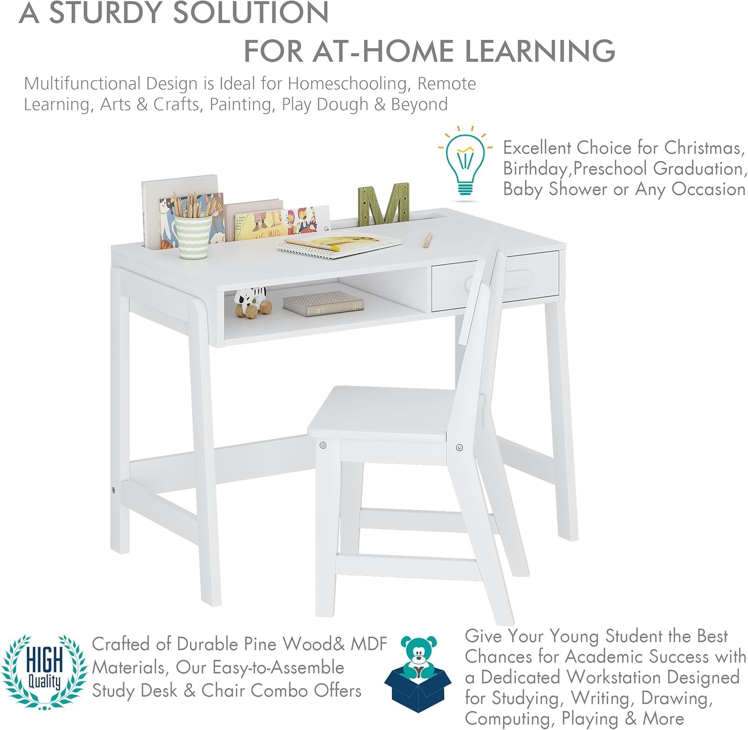 Kids Desk and Chair Set, Study Desk for Kids with Drawers, Wooden