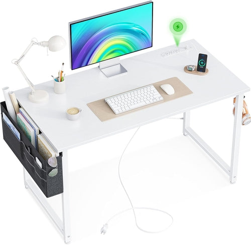 Small Desk with Power Outlets and USB Port Computer Desk for Home