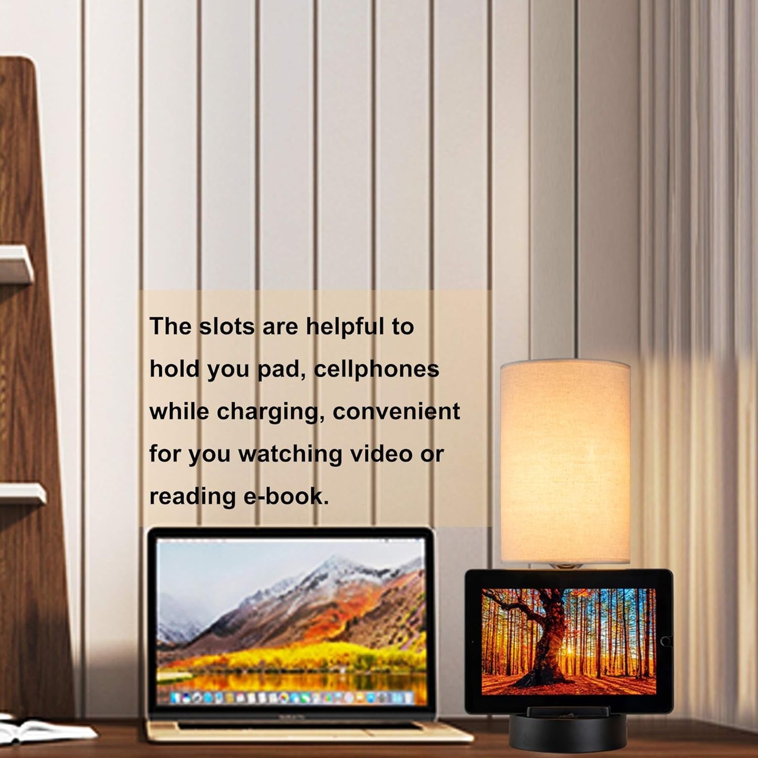 Table Lamp with 3 USB Charging Ports, Modern Desk Lamp with AC Outlet