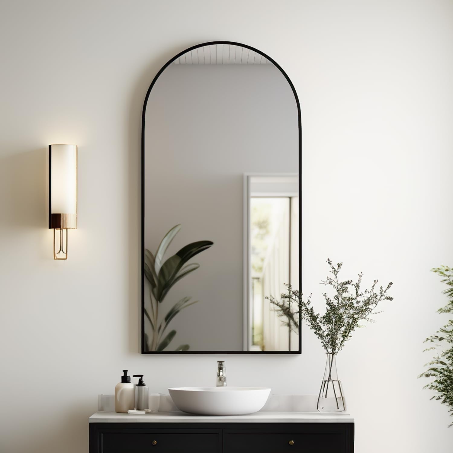 Black Arched Wall Mirror 42x24 Inches With Iron Frame