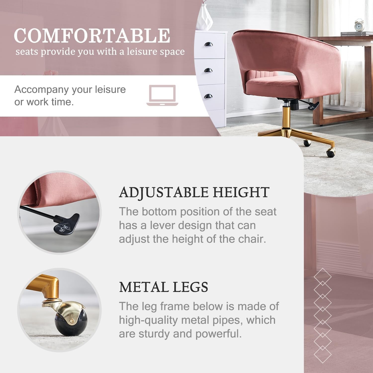 Home Office Chair Swivel Velvet Desk Chair, Vanity Chair with 360