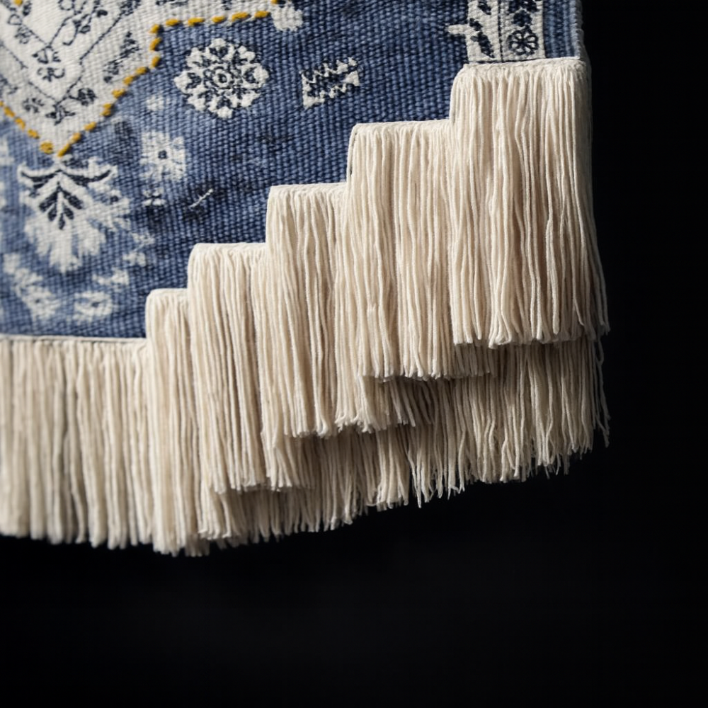 Blue and White Floral Macrame Wall Tapestry Hand-Knot Cotton Flower