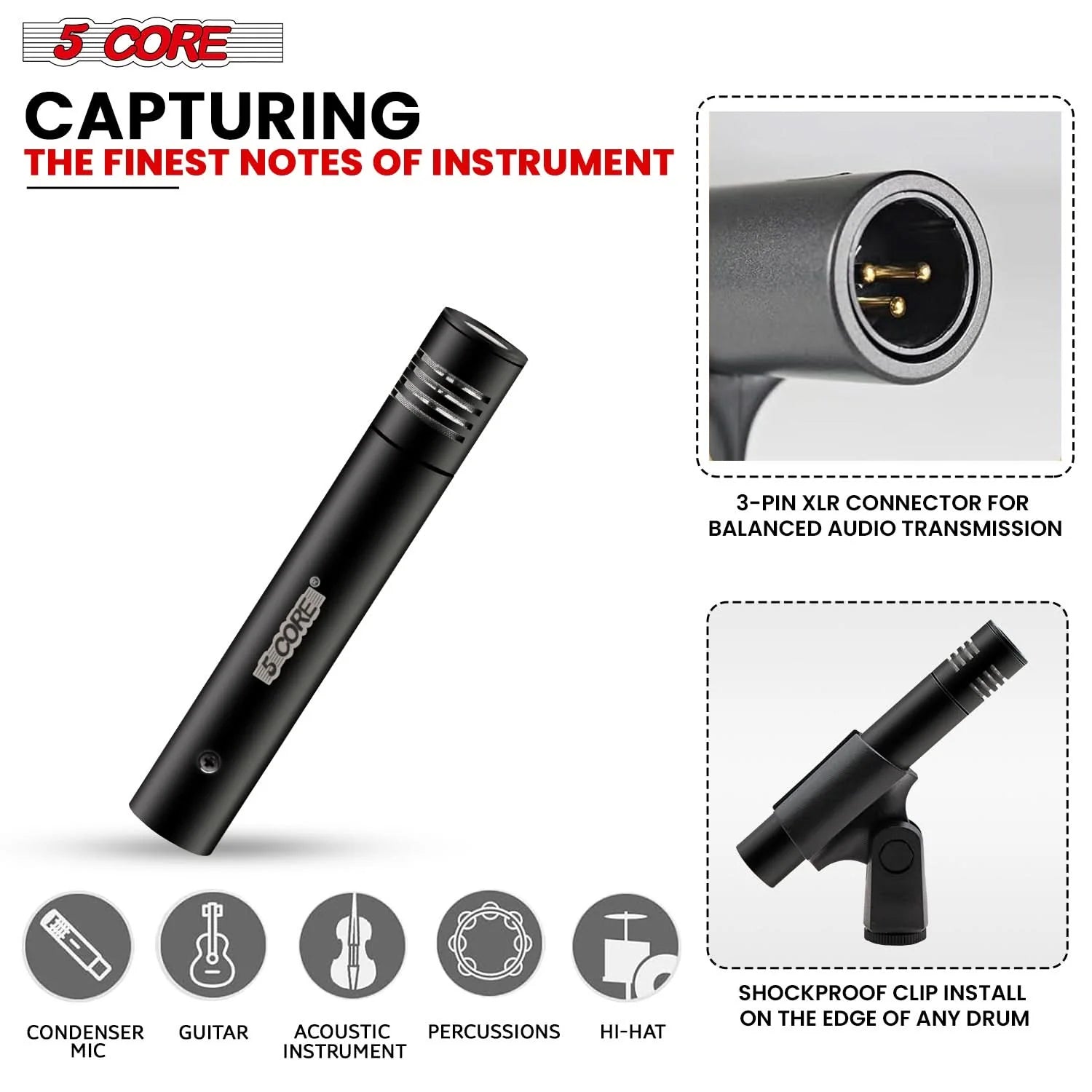 5Core Instrument Microphone Professional XLR Cardioid Pencil Stick
