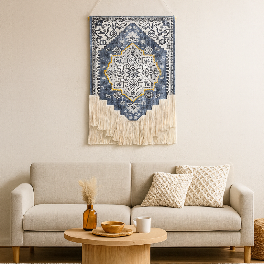 Blue and White Floral Macrame Wall Tapestry Hand-Knot Cotton Flower