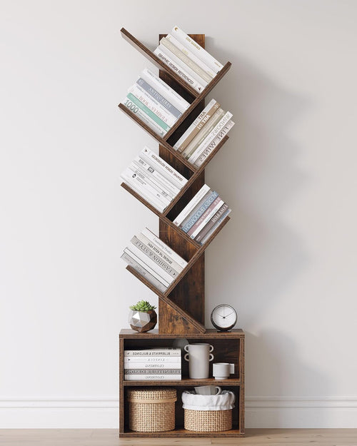 6 Tier Tree Bookshelf with Cabinet Rustic Modern