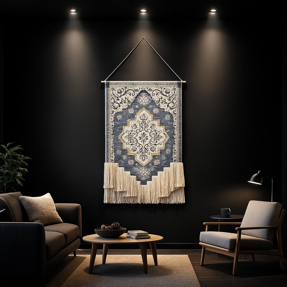 Blue and White Floral Macrame Wall Tapestry Hand-Knot Cotton Flower