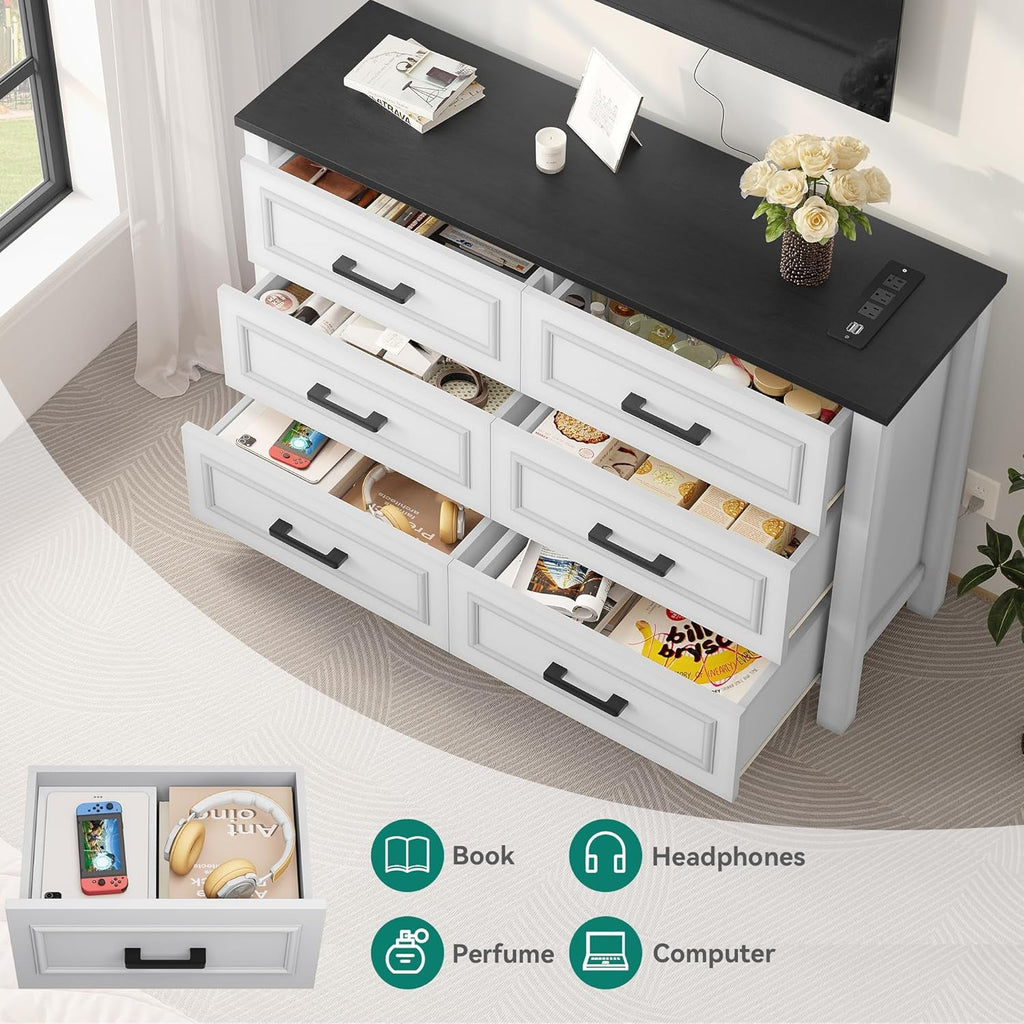 6 Drawer Dresser With Built In Power Outlet White And Black