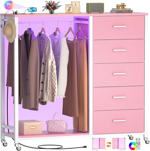 Dresser for Bedroom with Clothes Rack, 5 Drawers Dresser with Charging