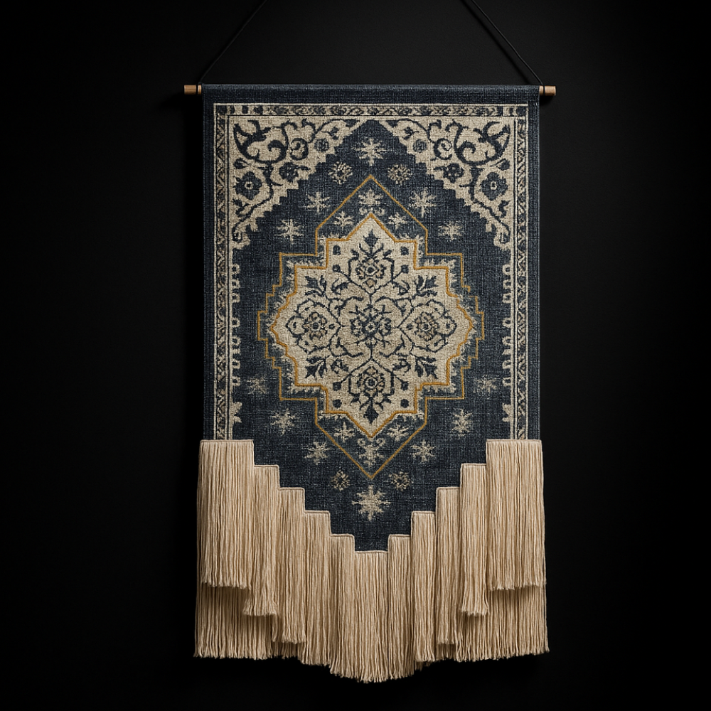 Blue and White Floral Macrame Wall Tapestry Hand-Knot Cotton Flower