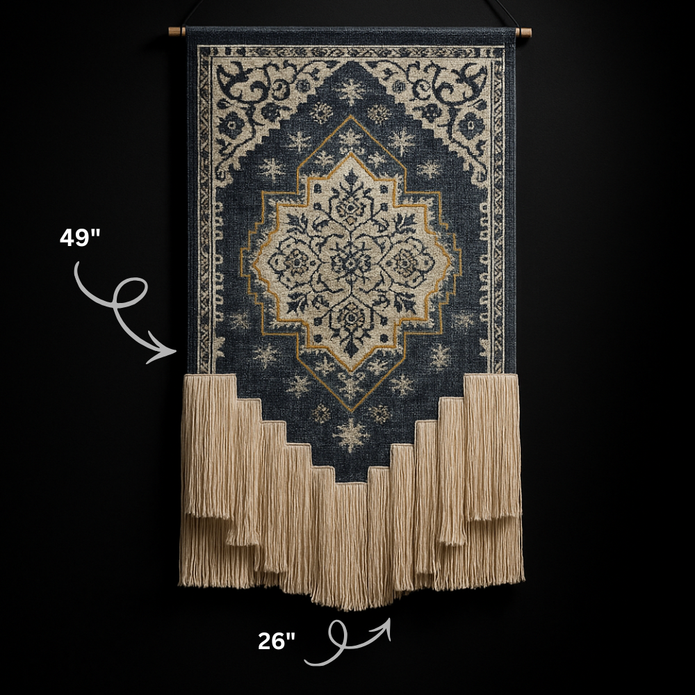 Blue and White Floral Macrame Wall Tapestry Hand-Knot Cotton Flower