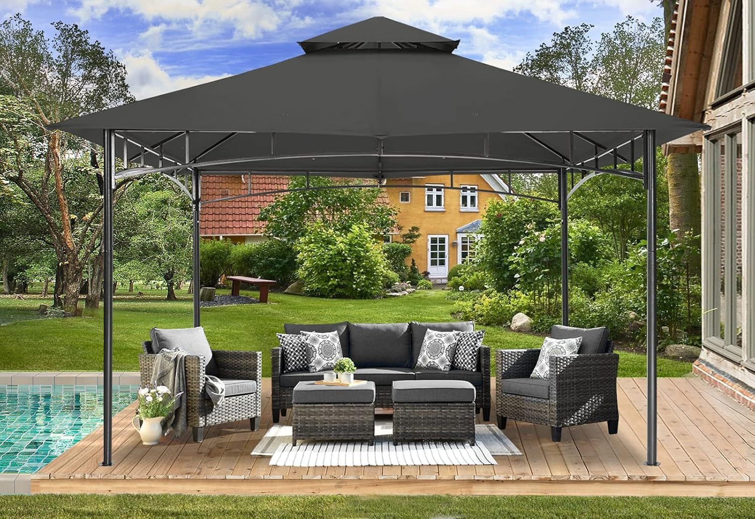 11x11 Dark Gray Gazebo For Patios Durable Steel Frame