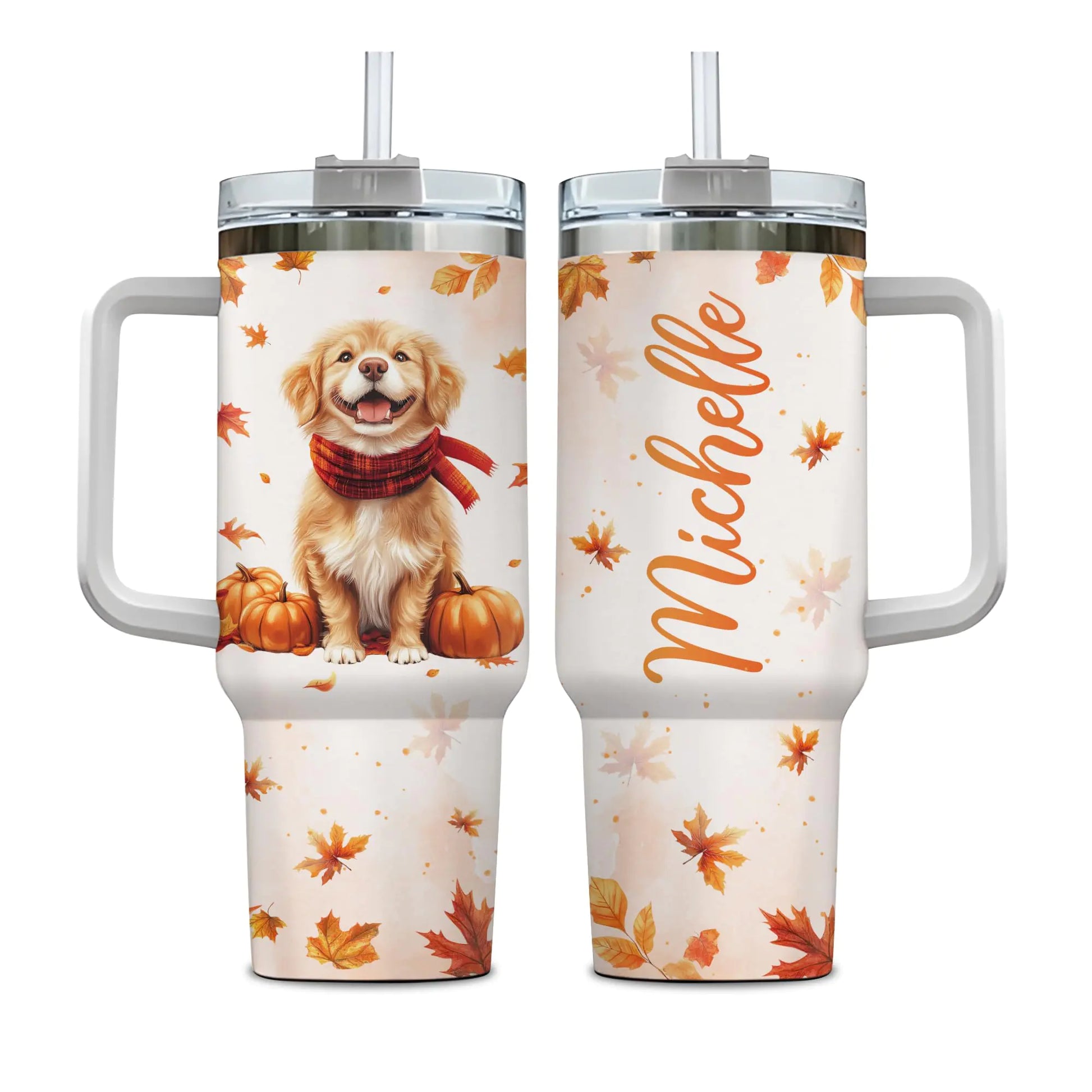 Hyturtle Personalized Golden Retriever Fall Tumbler - Golden Retriever Gift For Women - Autumn Gift For Dog Lover - Pet Gift On Thanksgiving Decor - Custom Travel Coffee Cup 40oz With Lid And Straw