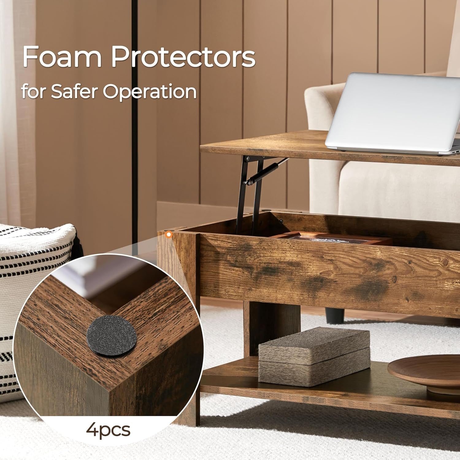 Coffee Table 47.5 Inch Lift Top With Hidden Compartment Rustic Brown