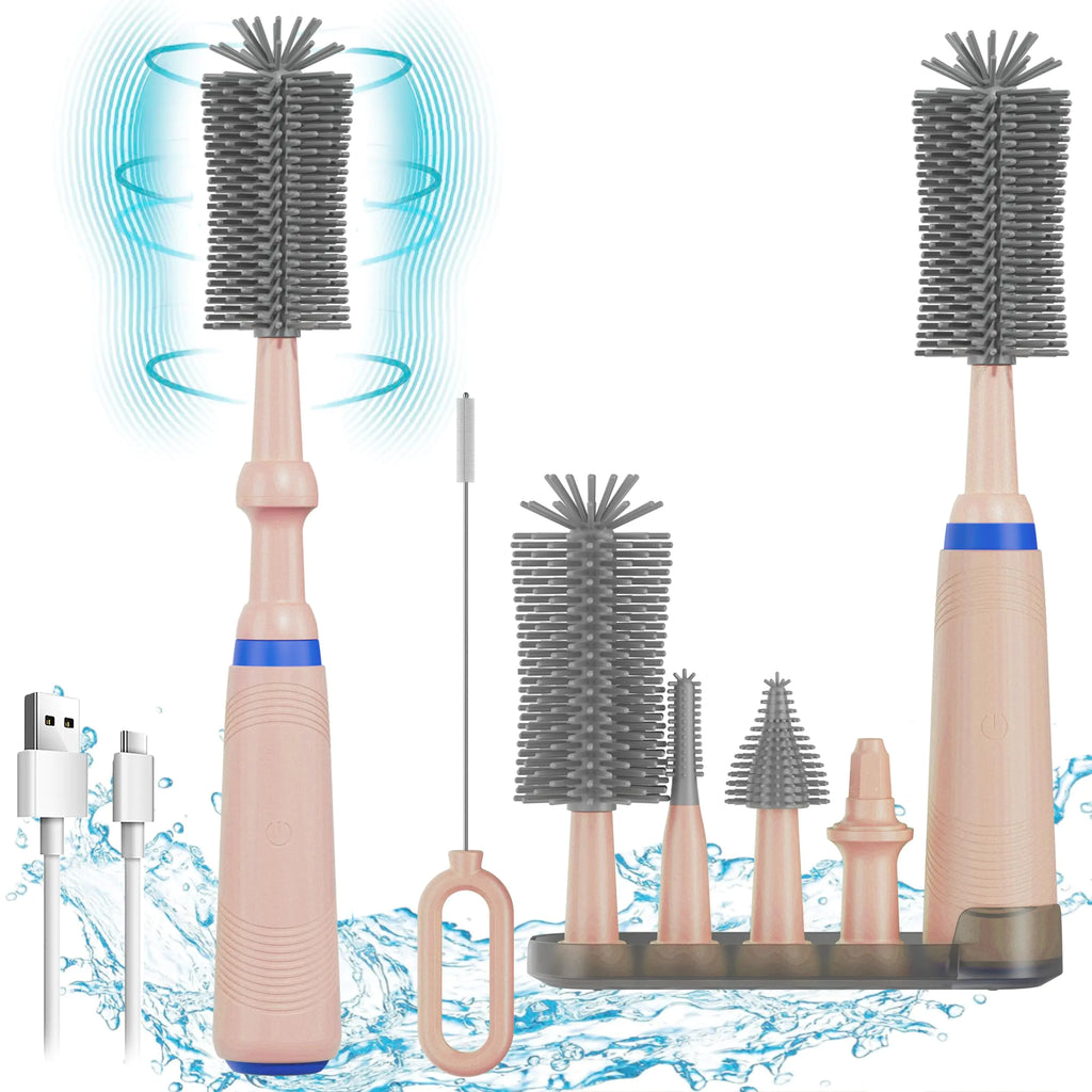 Electric Bottle Brush CleanerSilicone Water Bottle BrushElectric Bottle Brush with Holder/Nipple Cleaner/Straw BrushAutomatic Baby Bottle Cleaner Brush (Pink Electric Bottle Brush Set)