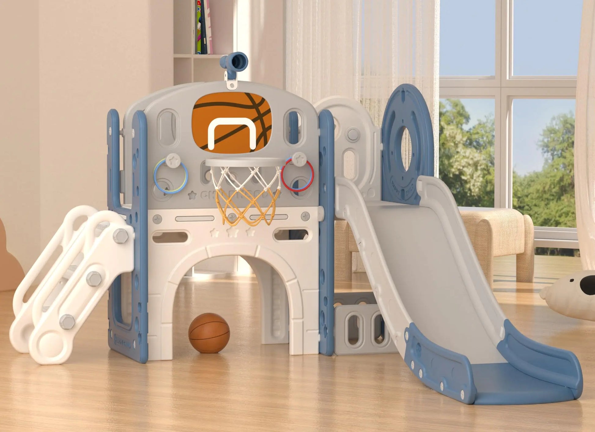 XJD 8 in 1 Toddler Slide Set Kids Slide for Toddlers Age 1+ Toddler Climber Slide PlaySet with Basketball Hoop and BallOutdoor Indoor Playground for Toddlers 1-3 (Blue Gley 8 in 1)