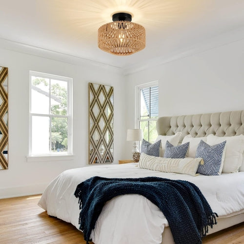 Mini Rattan Ceiling Light Fixture With Dimmable LED Bulb