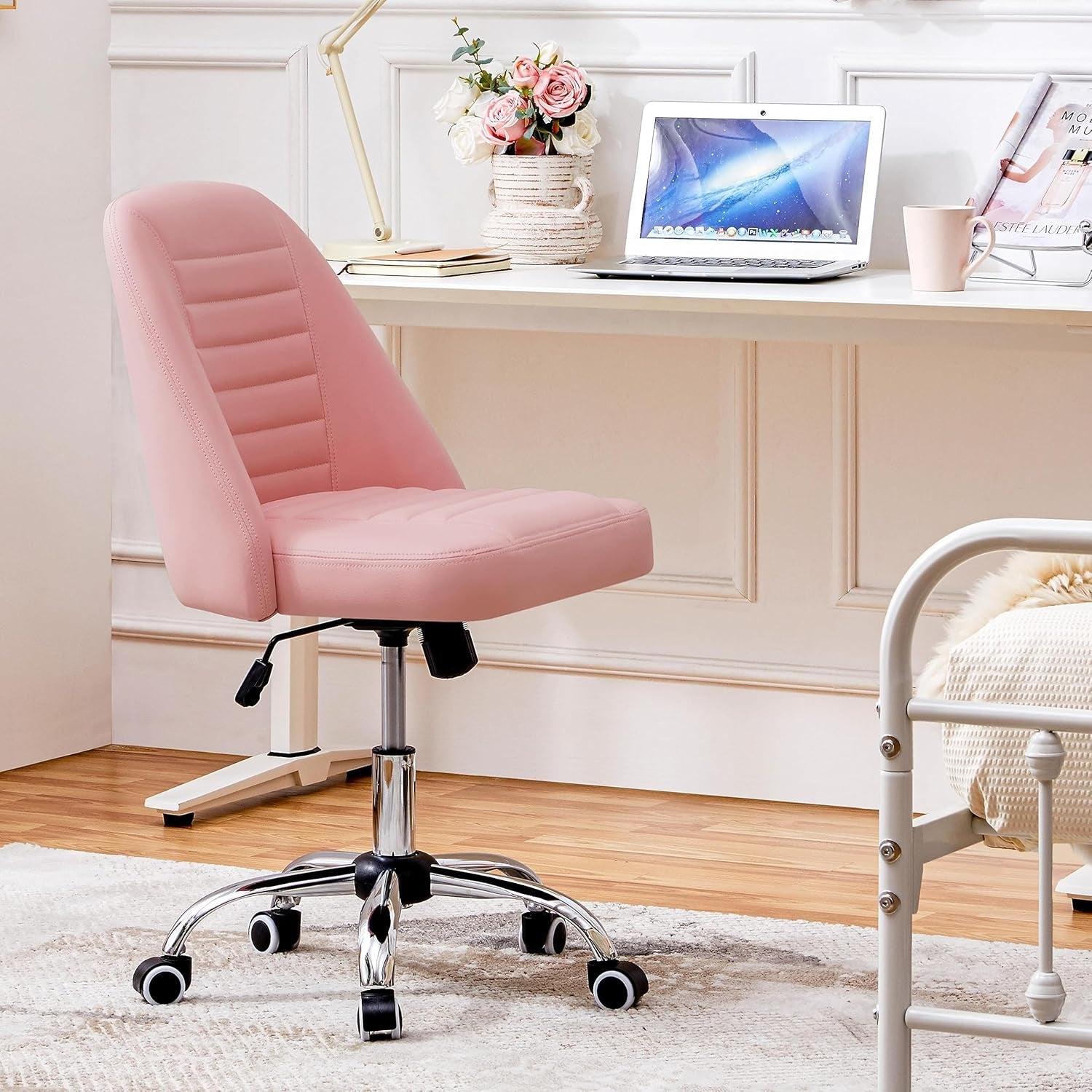 PU Leather Armless Office Chair, Mid Back Desk Chair, Computer Task