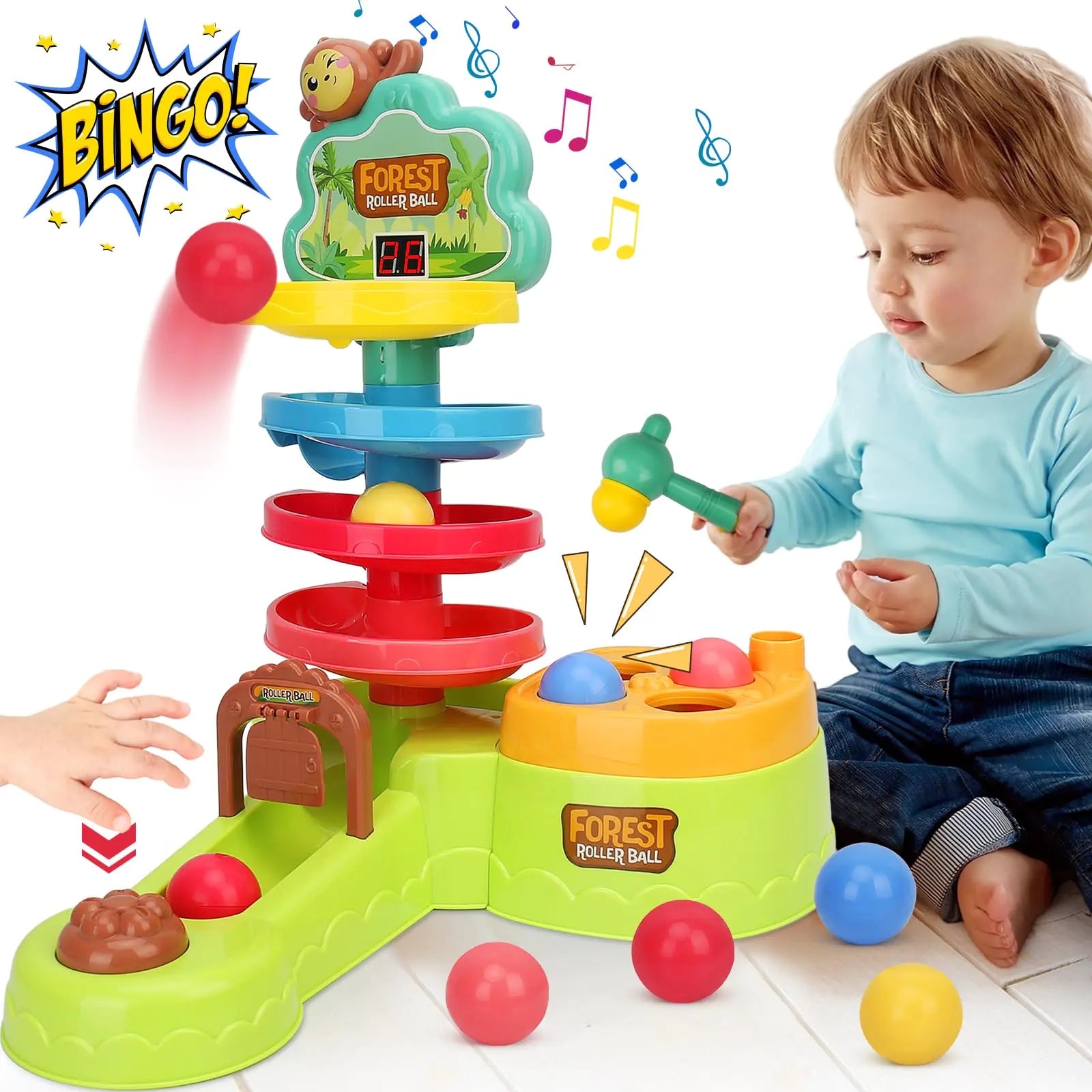 3-in-1 Toddler Montessori Toys for 1 Year Old Hammer Pound Balls Toys & Shoot Balls with Scoring Game & Ball Drop Toys Learning Early Developmental Toys for Kids Girls Boys Birthday Gift Ages 1 2 3