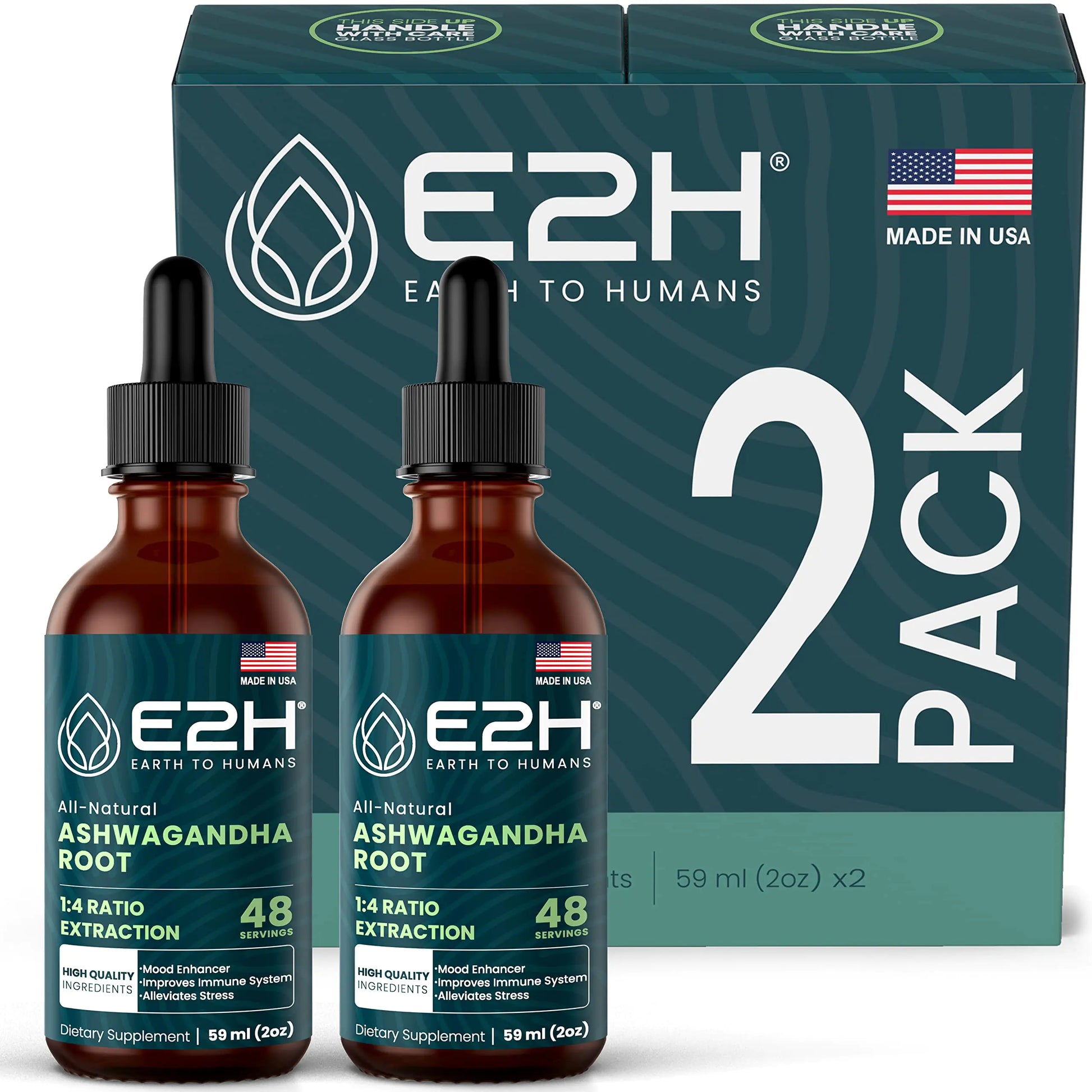E2H Ashwagandha Liquid Drops - All-Natural Ashwagandha Supplement for Stress Relief and Mood Enhancer- Organic Ashwagandha Root Extract Effective Cortisol Manager | Non-GMO Vegan (2 Bottles)