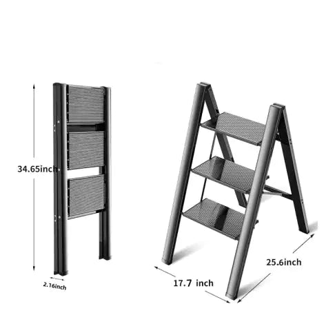 3 Step Ladder Aluminum Light Folding Step Bench Wide Non Slip Pedal 300 Lb Capacity Home Office Portable Ladder Black